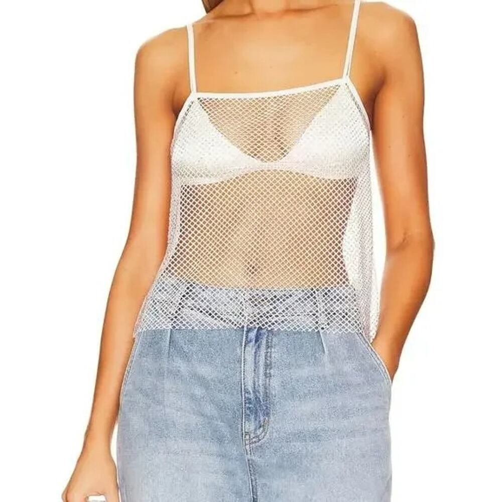 NWT WeWoreWhat Crystal Sheer Mesh Cami Mini Rhinestone Embellishments XXS White